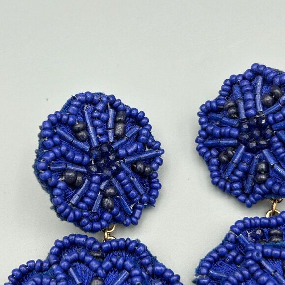 Blue Beaded Dangle Floral Flower Piereced Ears Earrings - Picture 3 of 7
